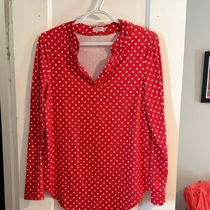 Halife: Red Polka Dot Long-Sleeve V-Neck Blouse